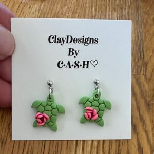 Green Turtle Earrings with Pink Rose